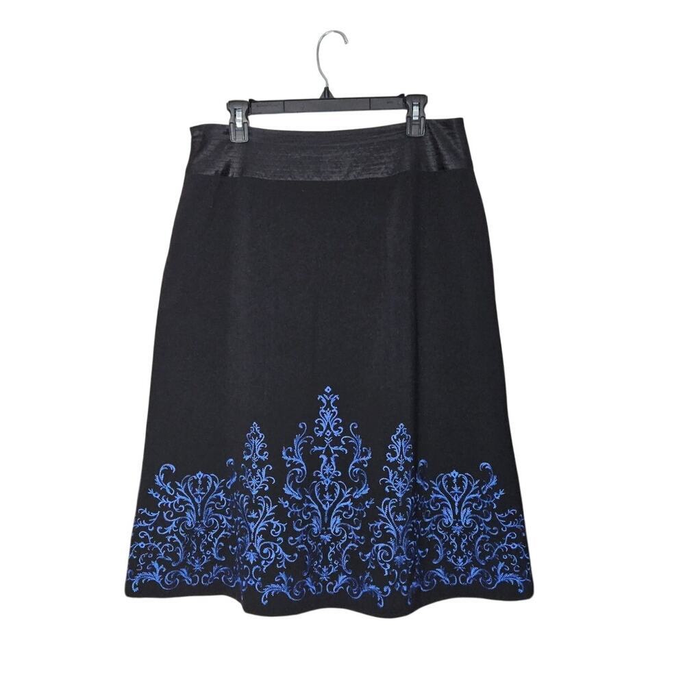 Black Royal Blue Midi Embroidered Silkland A-Line Skirt Size 8 Medium - Picture 1 of 7
